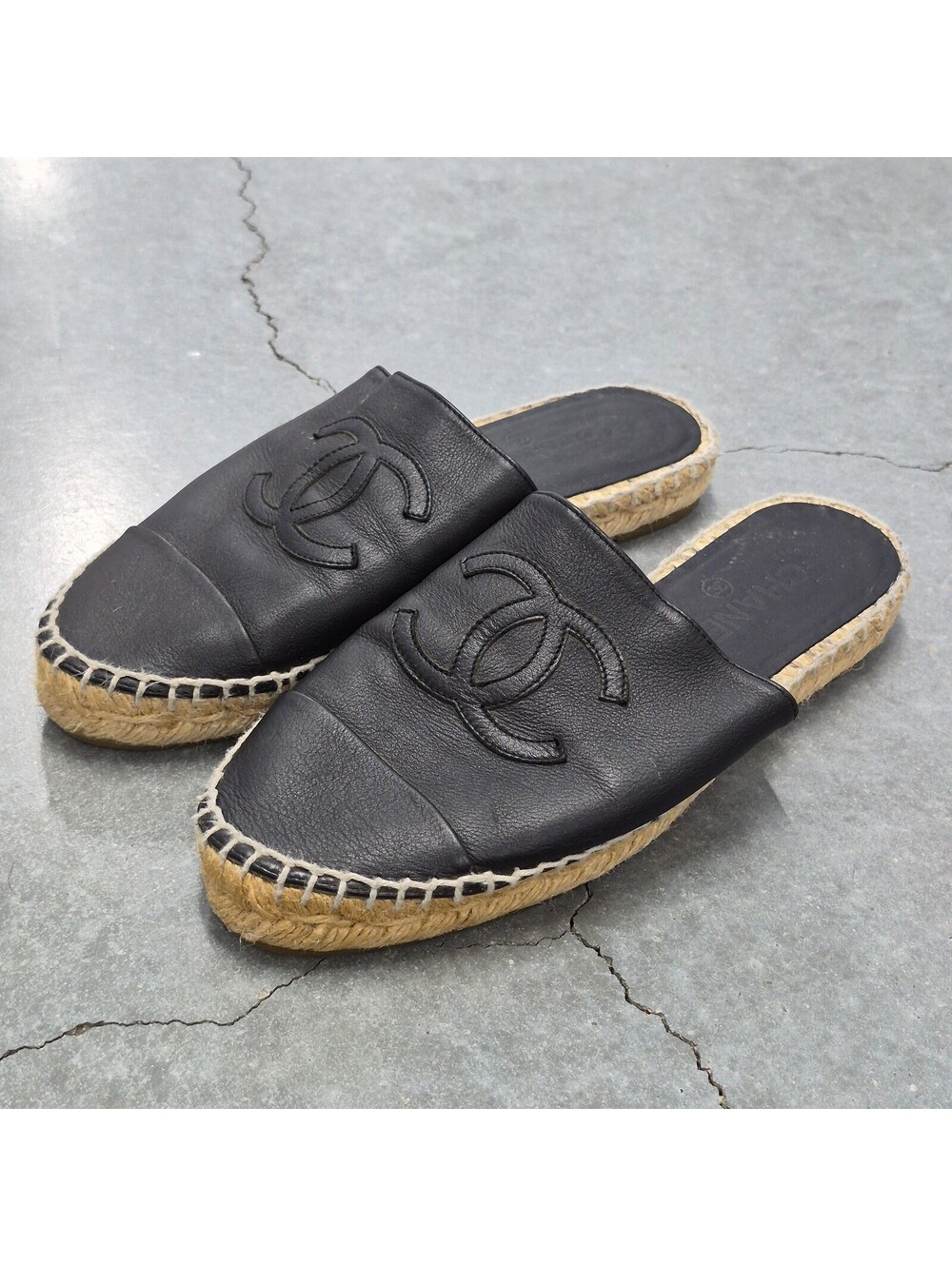 Chanel Black Leather CC Espadrille Mules Slip-Ons